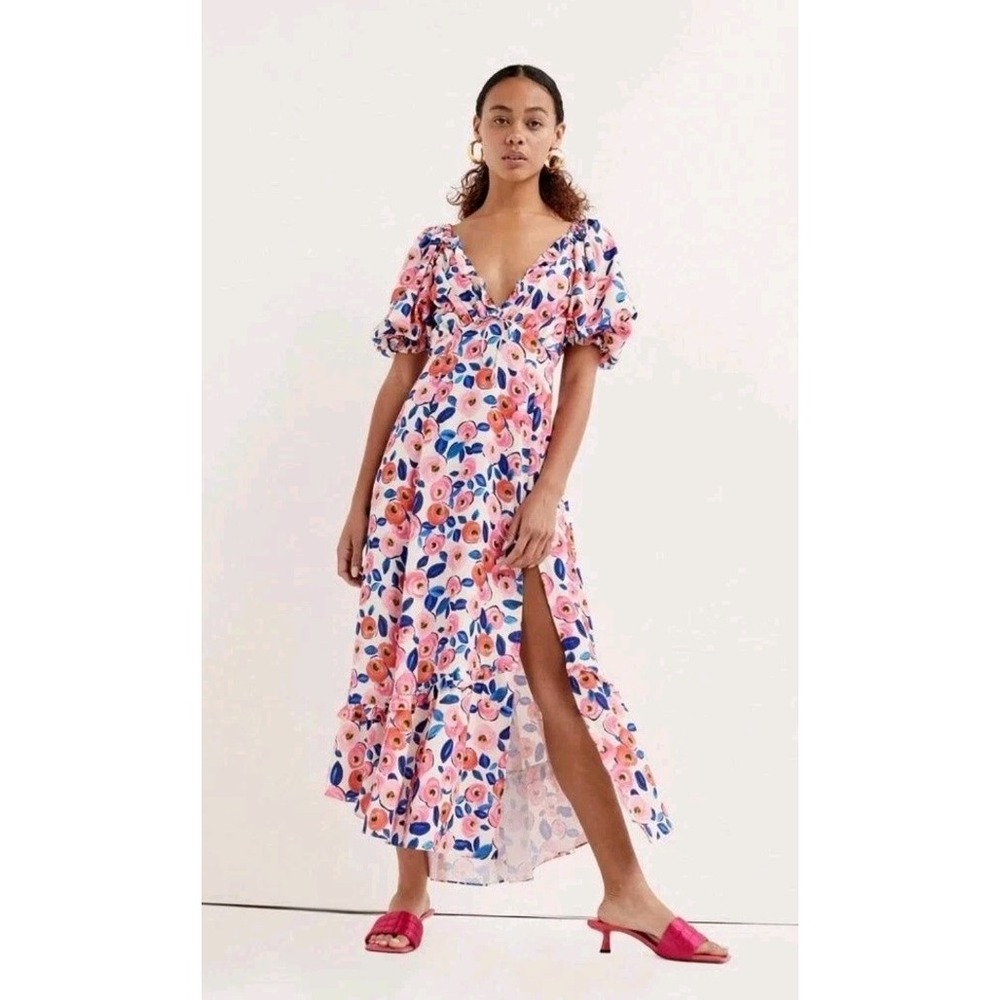 For Love & Lemons Gianna Midi Dress Floral Puff Sleeve Wedding Guest Cottagecore - Picture 3 of 10